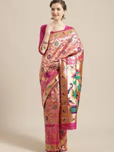 Saree mall Pink & Navy Blue Floral Zari Silk Blend Sarees