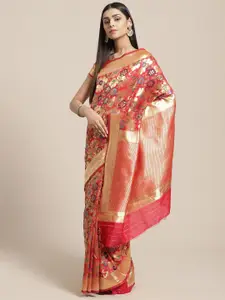 Saree mall Red & Gold-Toned Floral Zari Silk Blend Sarees