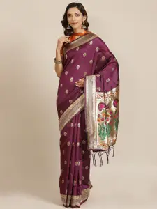 Saree mall Burgundy Ethnic Motifs Zari Silk Blend Banarasi Sarees