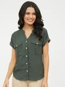 Harpa Green Mandarin Collar Shirt Style Top