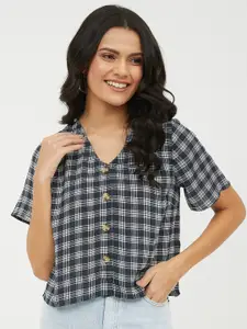 Harpa Women Navy Blue & White Checked Shirt Style Crop Top
