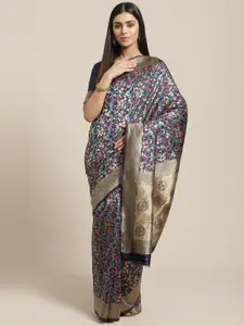 Saree mall Navy Blue & Gold-Toned Floral Silk Blend Sarees