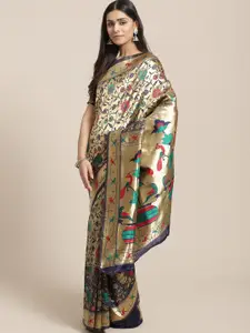 Saree mall Navy Blue & Gold-Toned Woven Design Zari Silk Blend Sarees