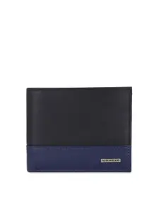 Peter England Men Navy Blue & Black Colourblocked Textured Leather Two Fold Wallet