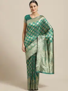 Saree mall Teal & Gold-Toned Ethnic Motifs Zari Silk Blend Banarasi Sarees