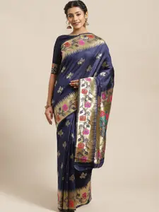 Saree mall Navy Blue & Magenta Floral Silk Blend Banarasi Sarees