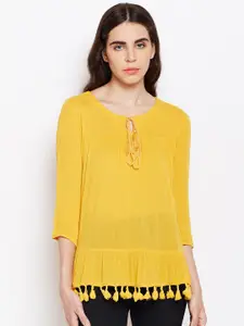 Oxolloxo Women Yellow Solid Crepe Tassel Detail Top