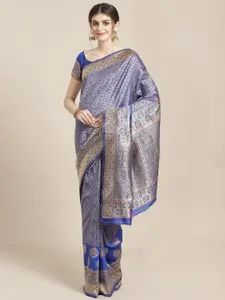 Saree mall Blue & Gold-Toned Ethnic Motifs Silk Blend Sarees