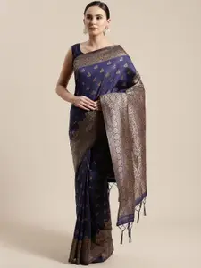 Saree mall Navy Blue & Gold-Toned Woven Design Silk Blend Sarees