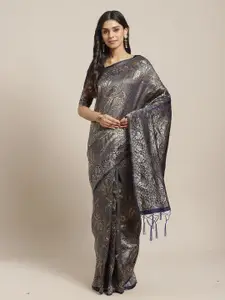 Saree mall Navy Blue & Gold-Toned Floral Silk Blend Banarasi Sarees