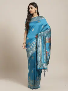 Saree mall Teal & Orange Ethnic Motifs Zari Silk Blend Banarasi Sarees