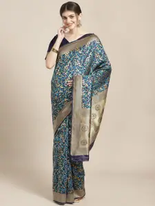 Saree mall Navy Blue & Gold-Toned Floral Silk Blend Banarasi Sarees