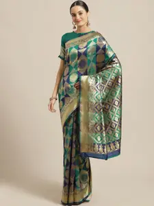 Saree mall Navy Blue & Green Silk Blend Heavy Work Banarasi Sarees