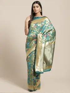 Saree mall Teal Blue & Gold-Toned Floral Zari Silk Blend Banarasi Sarees