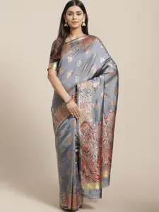 Saree mall Grey Woven Design Silk Blend Banarasi Sarees