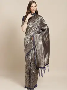 Saree mall Navy Blue & Gold-Toned Woven Design Zari Silk Blend Banarasi Sarees