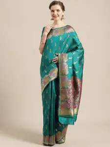 Saree mall Teal & Pink Paisley Zari Silk Blend Sarees