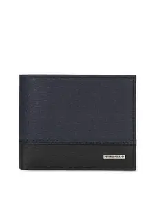 Peter England Men Navy Blue & Black Colourblocked Leather Two Fold Wallet
