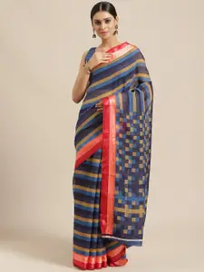 Saree mall Blue & Red Striped Silk Cotton Sarees