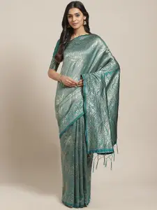 Saree mall Teal & Silver-Toned Floral Silk Blend Heavy Work Banarasi Sarees