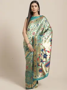 Saree mall Teal & Gold-Toned Floral Zari Silk Blend Sarees