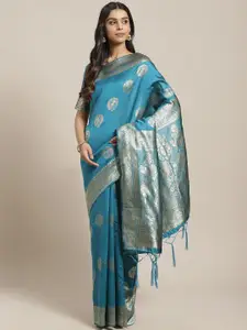Saree mall Teal & Silver-Toned Ethnic Motifs Zari Silk Blend Banarasi Sarees