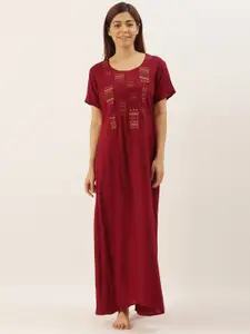 Bannos Swagger Women Maroon & Orange Embroidered Nightdress
