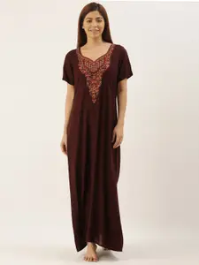 Bannos Swagger Brown Embroidered Maxi Nightdress