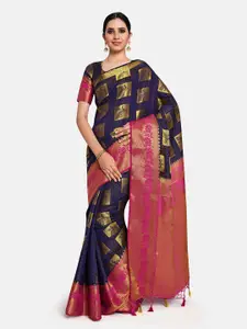 MIMOSA Navy Blue & Pink Ethnic Motifs Zari Art Silk Kanjeevaram Saree