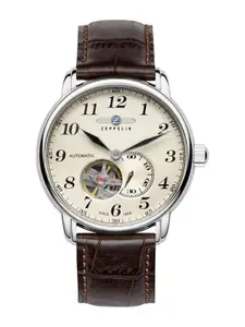 ZEPPELIN Men Beige Skeleton Dial & Brown Leather Textured Straps Analogue Automatic Motion Powered Watch
