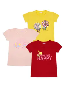 Luke & Lilly Girls Yellow & Peach-Coloured Set of 3 Printed T-shirt