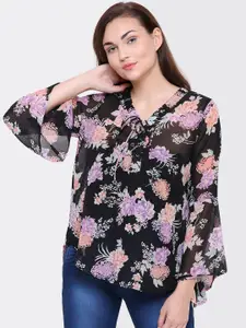 Yaadleen Black Floral Georgette Shirt Style Top