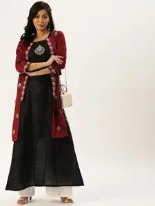 Varanga Women Black & Maroon Embellished Thread Work Kurta With Jacket