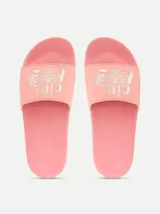 FREECO Women Pink & Silver-Toned Printed Sliders