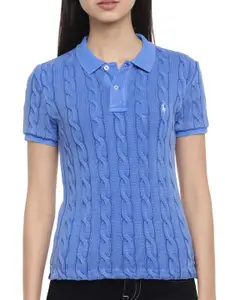 Polo Ralph Lauren Women Blue Woven Polo Collar T-shirt