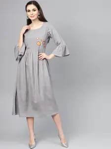 Varanga Grey Floral Embroidered A-Line Midi Dress