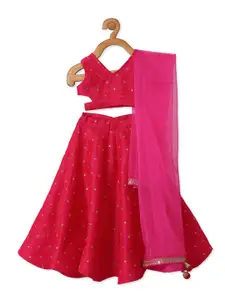 PICCOLO Girls Pink & Gold Toned Embellished Thread Work Lehenga & Blouse With Dupatta