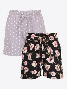 CUTECUMBER Girls Black & Grey Pack of 2 Printed Mid-Rise Regular Shorts