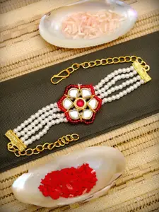 Crunchy Fashion Gold-Toned Kundan Rakhi Bracelet With Roli & Chawal