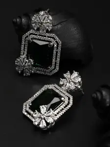 Priyaasi Green & Silver-Toned Contemporary Studs Earrings