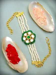 Crunchy Fashion Bracelet Material Moti Kundan Rakhi With Roli & Chawal