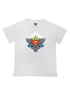 Superman Boys White Printed V-Neck Applique T-shirt