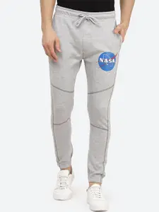 Free Authority Men Grey Melange Nasa Graphic Printed Pure Cotton Straight-Fit Joggers
