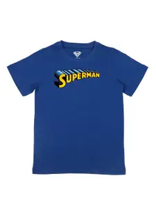 Superman Boys Blue Typography  Printed V-Neck Applique T-shirt