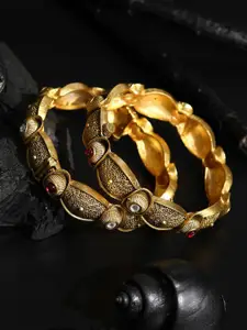 Priyaasi Set Of 2 Gold-Plated White & Red Stone-Studded Handcrafted Bangles