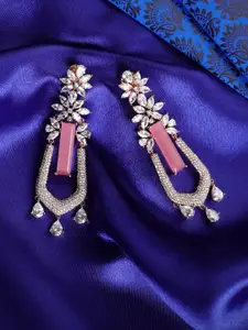 Priyaasi Pink & White Rose-Gold-Plated AD Geometric Drop Earrings
