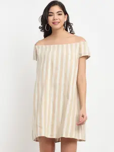 Bhaane Beige & White Striped Off-Shoulder Linen A-Line Dress