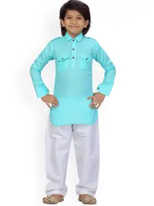 LITTLE MAFIA BY Aarika Boys Turquoise Blue & White Pure Cotton Kurta with Pyjamas