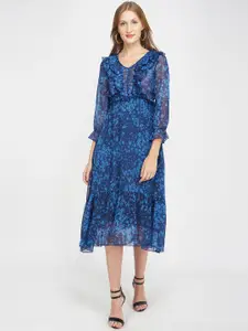 Oxolloxo Blue Floral Printed Midi Fit & Flare Dress