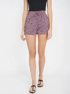 Oxolloxo Women Lavender Animal Printed Mid-Rise Regular Shorts